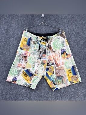 Da Hui Hawaiian Board Shorts Swim Trunks Men’s 34 Graphic Aloha Print 10” Inseam